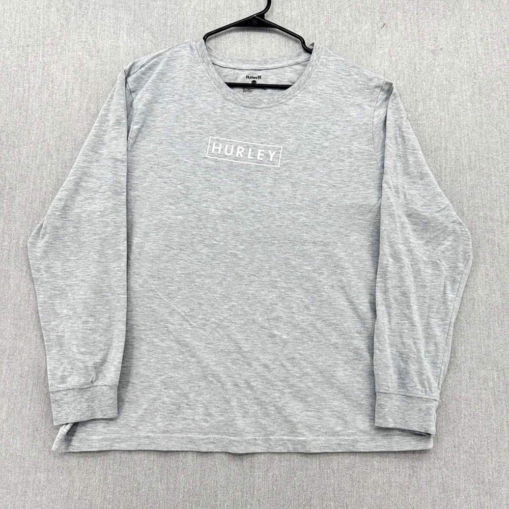 Hurley T-Shirt Men XL Gray Box Logo Long Sleeve Crew Neck Heathered Cotton Blend